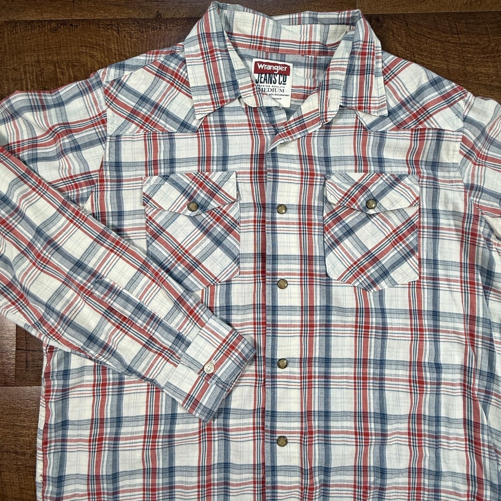Wrangler Western Shirt Mens Medium Red White Blue Plaid Pearl Snaps Long Sleeve
